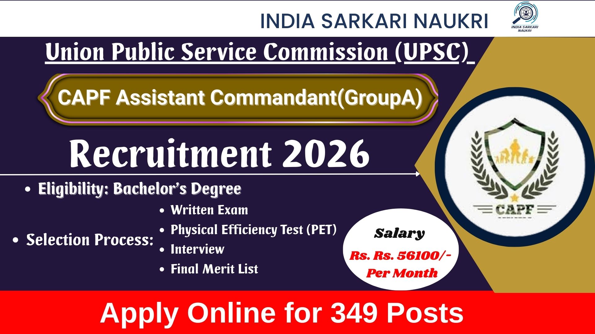 UPSC CAPF Assistant Commandant Recruitment 2026 Apply Online For 349 Posts & Written Exam Admit Card Out